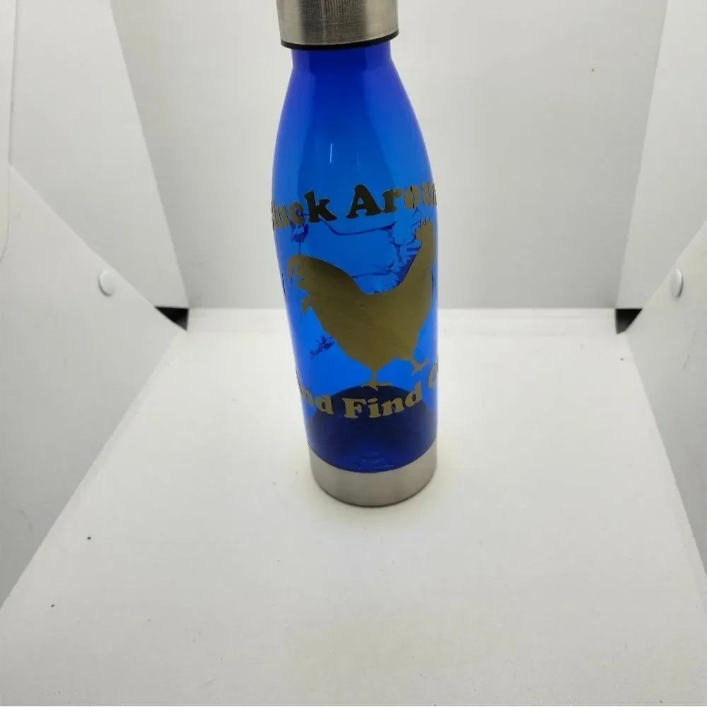 Hand Crafted Travel Water Bottle Plastic Steel Lid Bottom Blue Funny Saying
